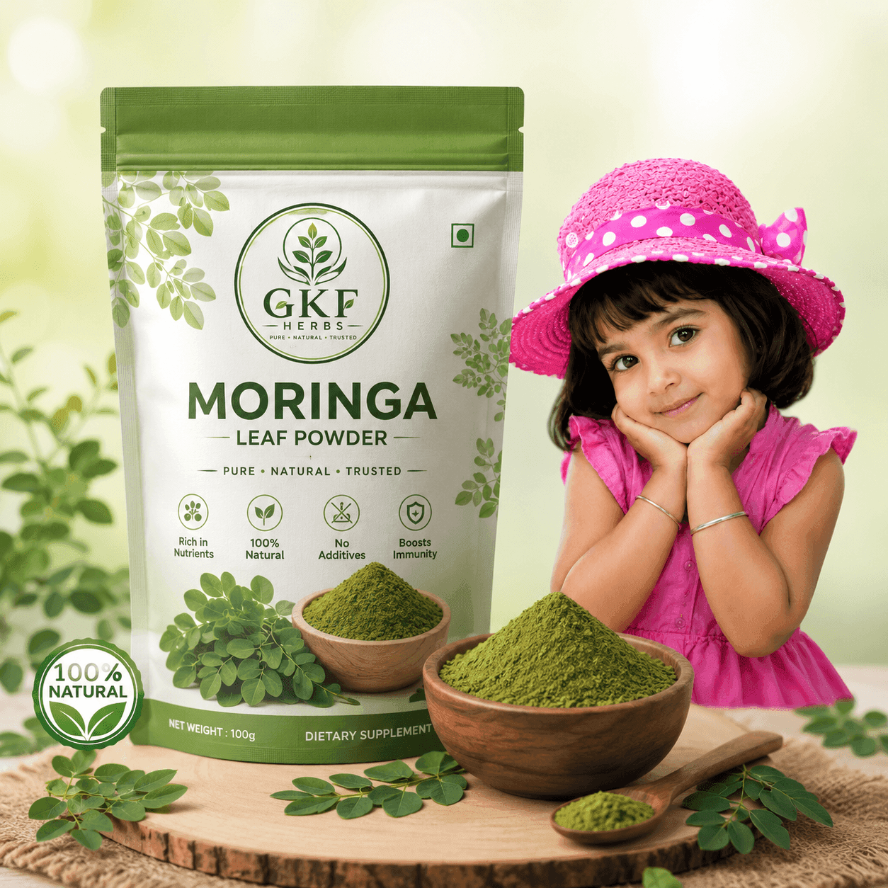 Buy Moringa Powder online India — GKF Herbs 100% pure shade dried moringa leaf powder pack